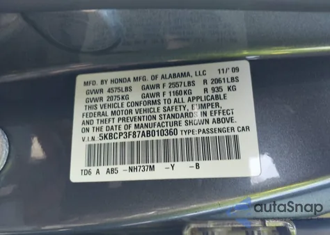 2010 Honda Accord 3.5 Ex-L z USA, uszkodzony, nr VIN 5KBCP3F87AB010360